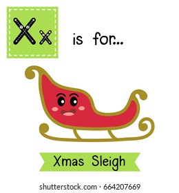 Letter X cute children colorful transportations ABC alphabet tracing flashcard of Xmas Sleigh for kids learning English vocabulary Vector Illustration.