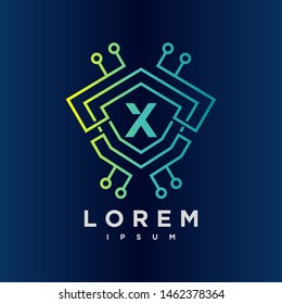 Letter X Cyber, Security, technology link Logo Design Vector Template. gradient blue color