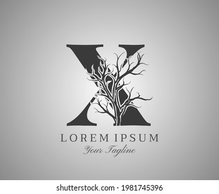 Letter X With Dead Tree Design Logo Icon. Creative Alphabetical Creepy Dry Tree Brach Nature Logo Template.