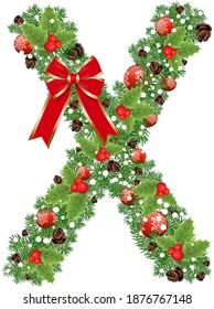 Letter X with decoration for Christmas design and New Year with spruce tree and holly red berries. Creative initial X letter vector. Creative Design vector Font for Title, Header, Lettering, Logo