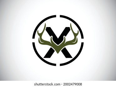 Letter X with deer antlers in target shape, flat style logo design vector template, Hunting inspirations symbol for corporate business identity