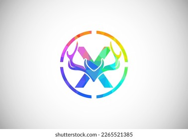 Letter X with deer antlers in target shape. polygonal style logo, Hunting inspirations symbol for corporate business identity