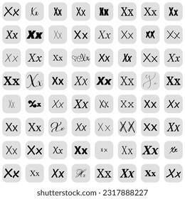 Letter X in different fonts on white background. Type design collection on grey buttons. Vector illustration.