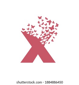 The letter X dispersing into a cloud of butterflies and moths.