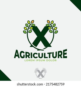letter X eco green leaf logo, farm logo vector vintage icon, flat farm logo, green nature icon