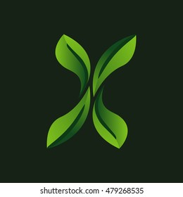 Letter X eco leaves logo icon. Green eco font.