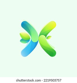 Letter X eco logo with gradient lines with green leaf. Environment friendly icon made of overlapping parts. Perfect for agriculture art, waste recycling app design, healthy food packaging.