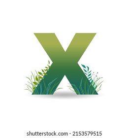 Letter X in eco style with leaves, twigs and grass. For logo, icon, banner etc. Vector.