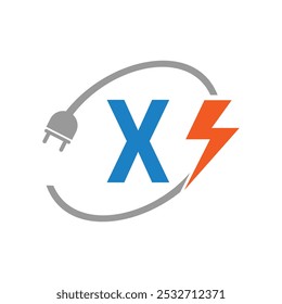 Letra X Concepto de logotipo eléctrico con enchufe eléctrico y símbolo de potencia. Diseño de logotipo eléctrico