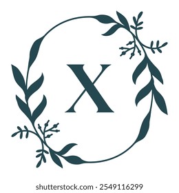 Letter X In Elegant Floral Oval Frame. Leafy Christmas Wreath. Vector Illustration Isolated On White Background.