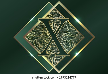 Letter X. Exclusive elite design of labels, badges, frames, logo, packaging. Gold monogram ornament on a green background. Great for
perfumery, soap, lotions.