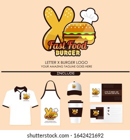 Letter X Fast Food Burger Logo Design for Brand Label Food and Menu Restaurant or Cafe with Chef’s Hat on Pink Background. With Brand Identity Include Shirt, Apron, Hat, Cup, Business Card
