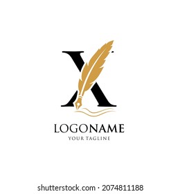 Letter X Feather Pen Logo Design Vector Icon Graphic Emblem Illustration Background Template