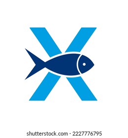 Logotipo de pescado de la letra X, plantilla de vectores de logotipos oceánicos 