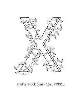 Letter X floral sketch over white background