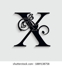 letter X flower  ornament. Vector logo. Monogram alphabet. Beautiful floral capital letters
