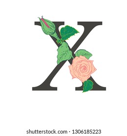 Letter X with flowers. Composition of the letter and floral elements on a white background. Illustration in vintage style in pastel colors.