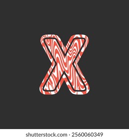 Letter X from fresh raw meat fish. Vector latin meat alphabet. Red meat salmon font for restaurants, butcher shop, farmers market, Salmon fillet marble texture, fish pattern. 