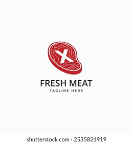 Letter X in fresh red meat slice logo vector icon illustration. X monogram food logo.