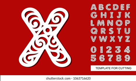Letter X. Full English alphabet and digits 0, 1, 2, 3, 4, 5, 6, 7, 8, 9. Lace letters and numbers. Template for laser cutting, wood carving, paper cut and printing. Vector illustration.