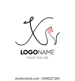 Letter X Funny Cute Cat Logo Design Vector Icon Graphic Emblem Illustration