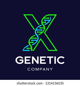 Letter X Genetic DNA vector logo template. Design with chromosome symbol. This logo is suitable for research, science, medical, logotype, technology, lab, molecule, protein, nucleus, spiral.