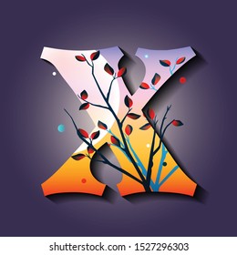 Letter X in golden autumn style. Tree with red leaves. Mystic space idea. Flat vector