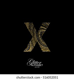 Letter X of golden and silver glitters. Typographic vector element for design. Part of marble texture imitation alphabet. Letter X with diffusion glitter lines swirly pattern. Vector illustration