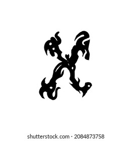 Letter X in gothic graffiti style. Black letter with curls. Logo or design element. Vector illustration isolated on white background. Vector EPS 10.