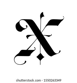 Letter X, in the Gothic style. Vector. Alphabet. The symbol is isolated on a white background. Calligraphy and lettering. Medieval Latin letter. Logo for the company. Monogram. Elegant font for tattoo