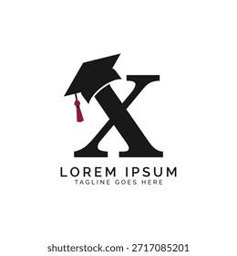 Letra X com logotipo Graduation Cap. Alfabeto X Ícone de Chapéu Educacional