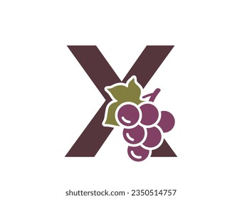 letter x with grapes. creative fruit alphabet logotype. gardening, harvest and winemaking design. isolated vector image