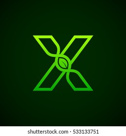 Letter X Green leaf with abstract biotechnology logotype. Medicine, science, laboratory,DNA vector concept