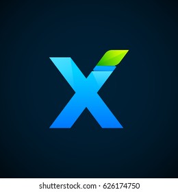 Letter X with Green leaf and Blue color, Modern glossy logotype, Vector ecology elements for corporate identity