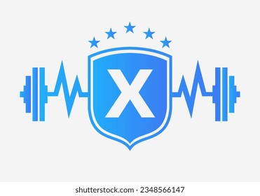 Letter X Gym Fitness Logo Design Concept With Barbell Shield and Start Icon. Bodybuild Gym Symbol