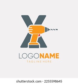 Letter X Hand Drill Machine Logo Design Vector Icon Graphic Emblem Illustration