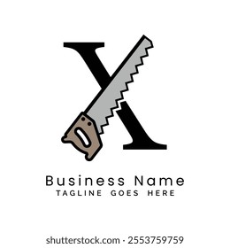 Letter X handsaw logo. Alphabet X woodwork and carpentry icon