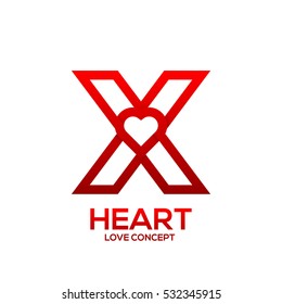 Letter X heart Red color logo,Valentine Day Love Concept Logotype