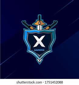Letter X - Initial logo E-Sport with decoration of sword, shield, and weapon. Perfect for gamer brand, squad, etc.