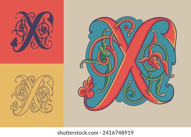 Letter X initial with trailing vines of thistle plant. Medieval blackletter drop cap based on Bohemian manuscript. Romanesque style dim colors illuminated emblem. Decorative wax seal monogram logo.