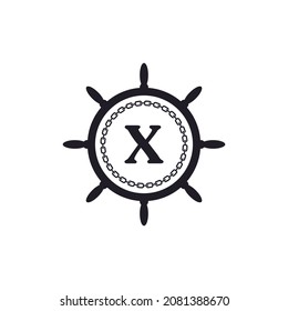 Letter X Inside Ship Steering Wheel and Circular Chain Icon for Nautical Logo Inspiration