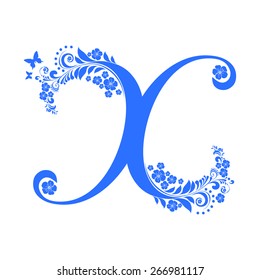 Letter X isolated on white. Romantic letter of beautiful flowers. Floral Alphabet. Vector Illustration