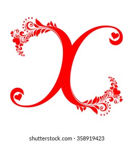 Letter x isolated on white. Romantic letter of beautiful heart. Love Alphabet Set. Vector Illustration