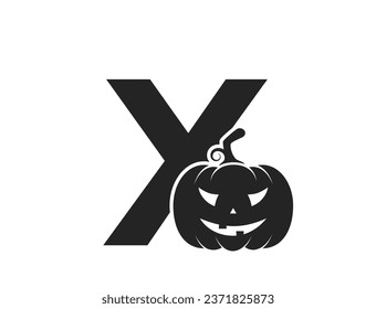 letter x with jack o lantern. creative halloween alphabet logotype. pumpkin face isolated vector image in simple style