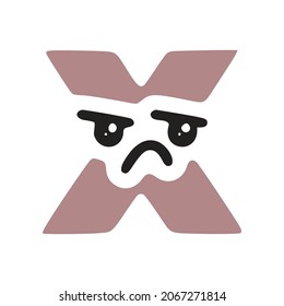 Letter x kawaii character with sad face, vector clip art