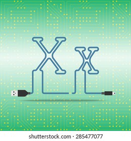 Letter X laid cable. USB blue cable, vector illustration. Background microchip