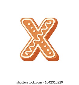 The letter "X" of the Latin alphabet. Christmas ginger sponge cookies in the shape of a letter, decorated with icing sugar or icing. Vector stock illustration isolated on a white background.