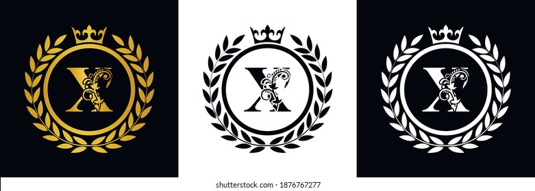 Letter X laurel wreath template logo Luxury gold letter with crown. Monogram alphabet . Beautiful royal initials letter.	