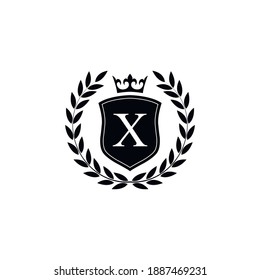  Letra X laurel logo de la plantilla de corona de lujo carta escudo con corona. Alfabeto monograma . Hermosa carta de iniciales reales.