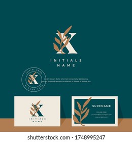 letter X with leaf Beauty vector logo design of initial wedding, fashion, boutique, floral and botanical logotype with business card template